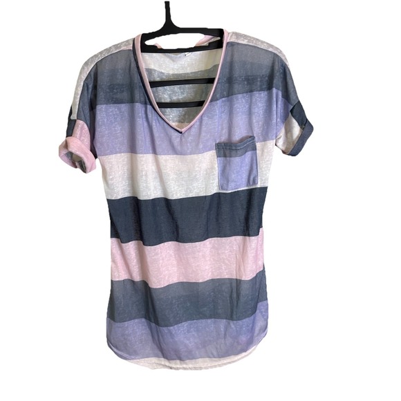 Tops - Unbranded Womens Blouse Size‎ XXL Pink Purple Striped Short Rolled Sleeve V-Neck